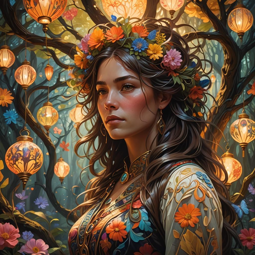 Mystical Forest Woman with Art Nouveau Details