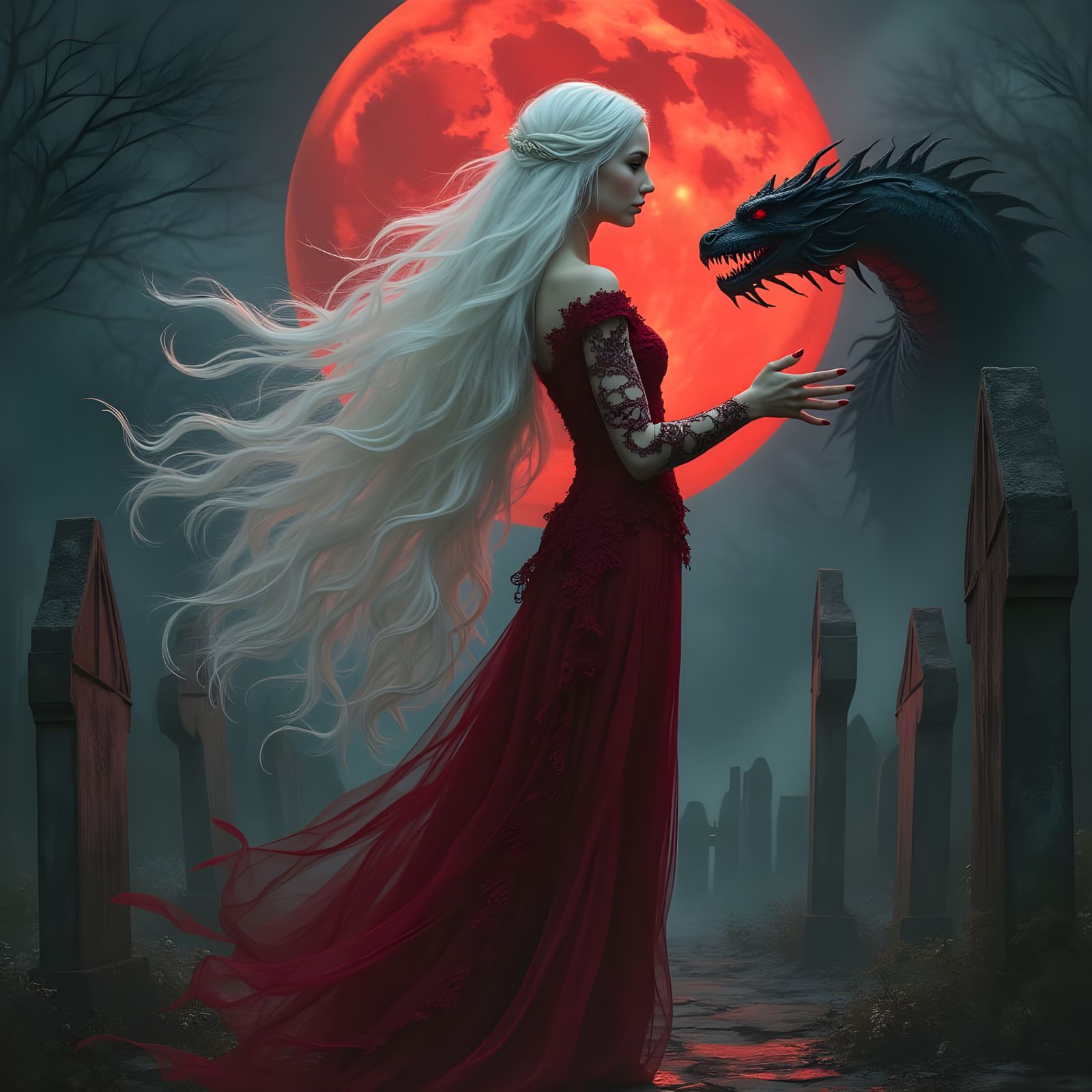 Sorceress Summons Dragon in Gothic Art Nouveau Style