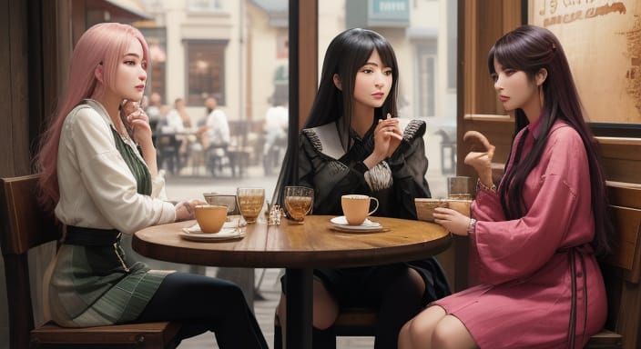 Elegant Fantasy Friends in a Vintage Cafe