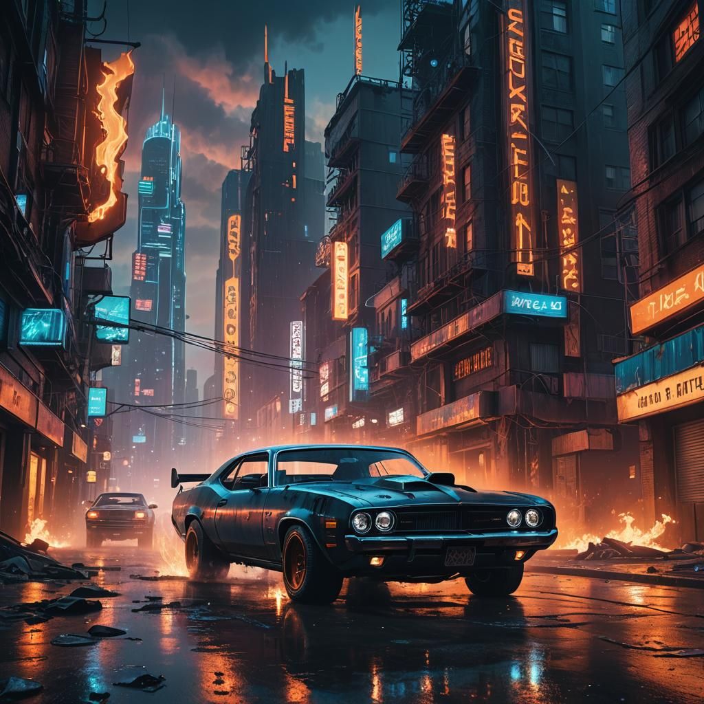 Cyberpunk Muscle Car in Post-Apocalyptic Cityscape