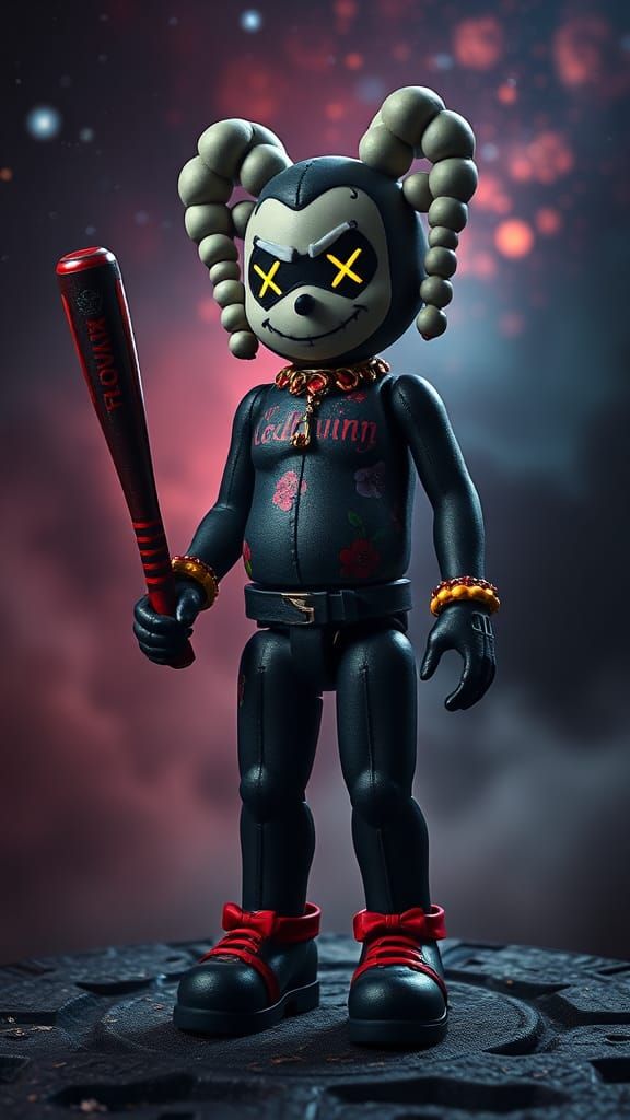 Kaws-Style Harley Quinn Doll with Floral Tattoos