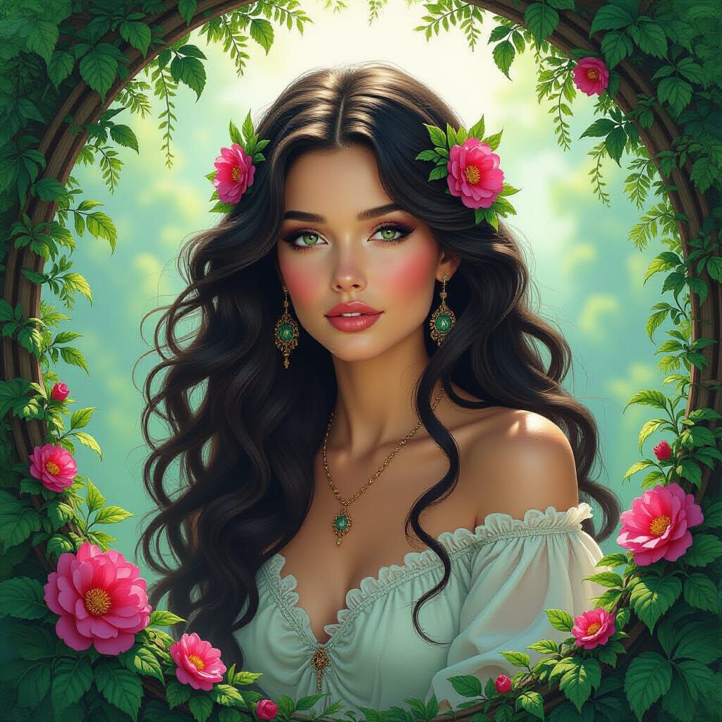 Ethereal Woman in Dreamlike Garden, Mystical Art