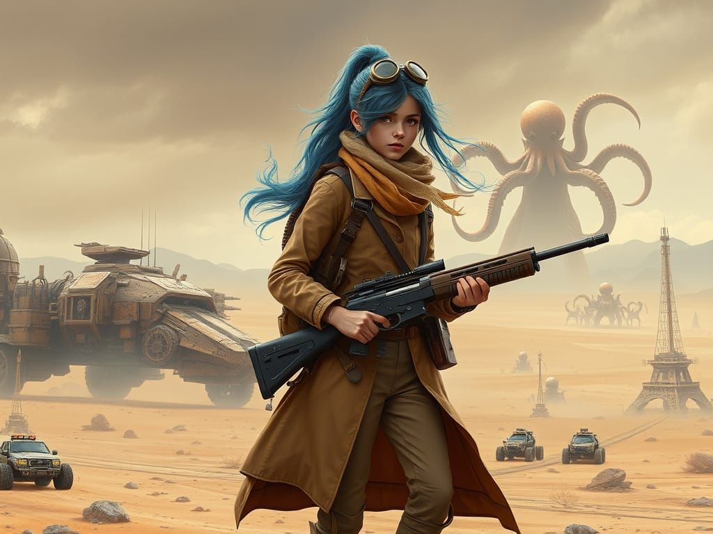 Young Nomadic Warrior in Sci-Fi Desertpunk Style