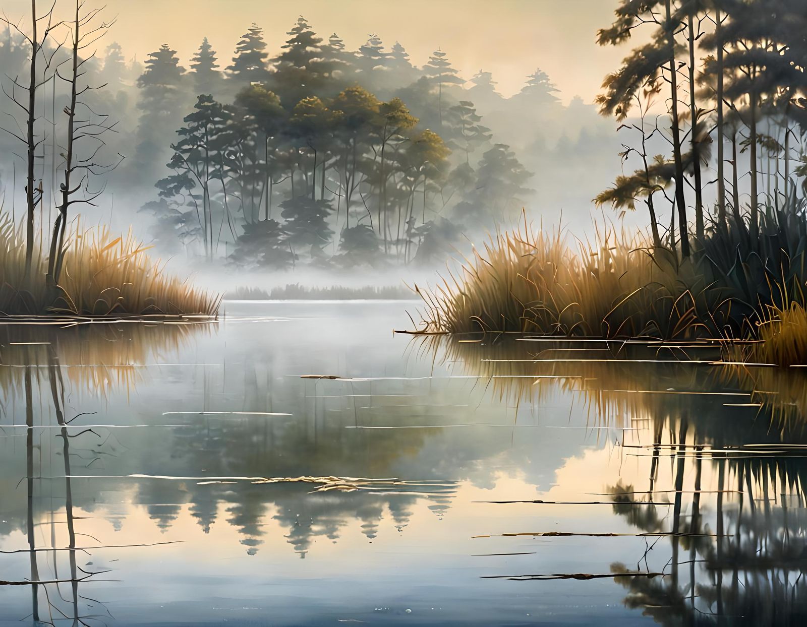 Foggy Lake Reflections: Oil Painting Landscape