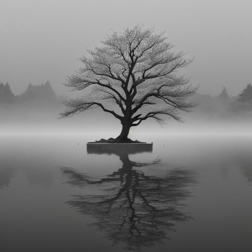 Solitary Cherry Tree in Misty Ink Wash Landscape