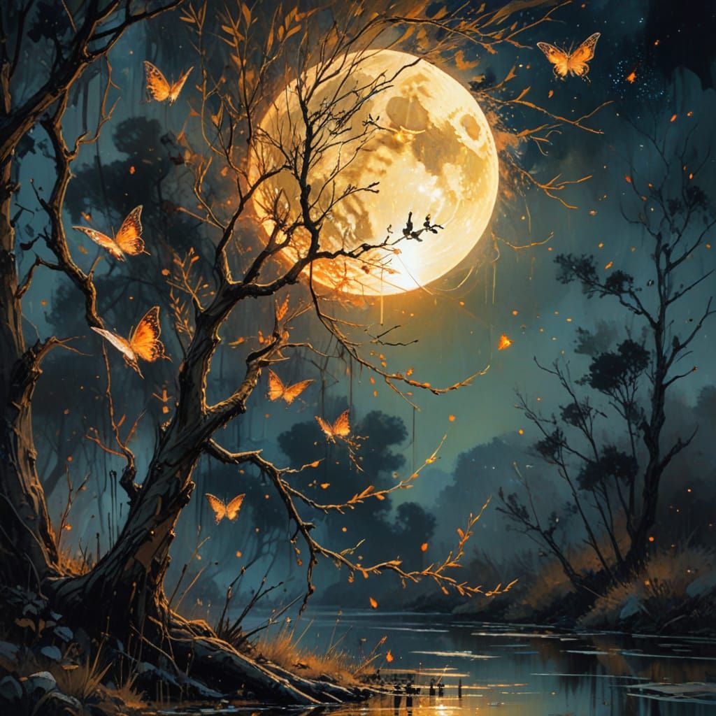 Moon Drinking from Spring in Impressionist Gouache