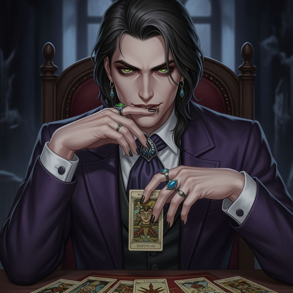 Sinister Man with Tarot Cards in Shadowy Room