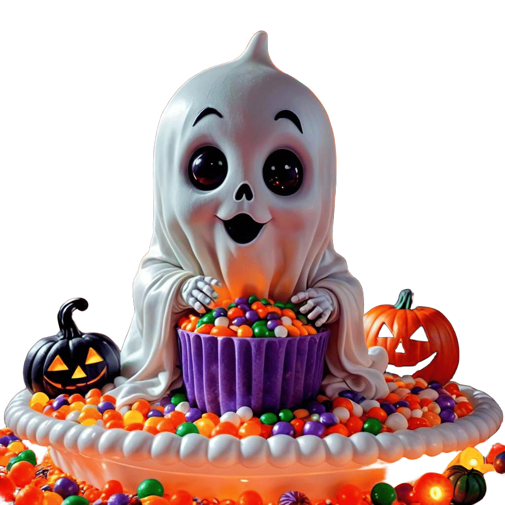 Baby Ghost at Halloween Party in Candy Art Style