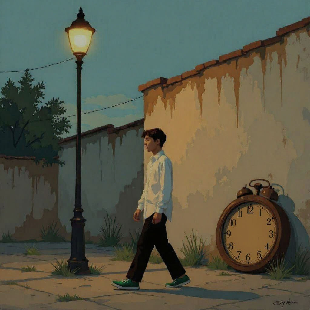 Dusk Scene: Boy, Streetlamp, and Leaning Clock