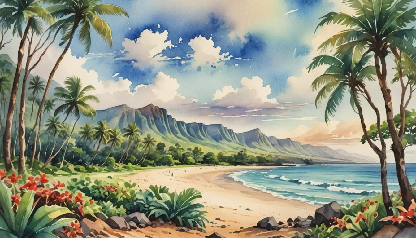 Watercolor Painting of Maluaka Beach, Hawaii