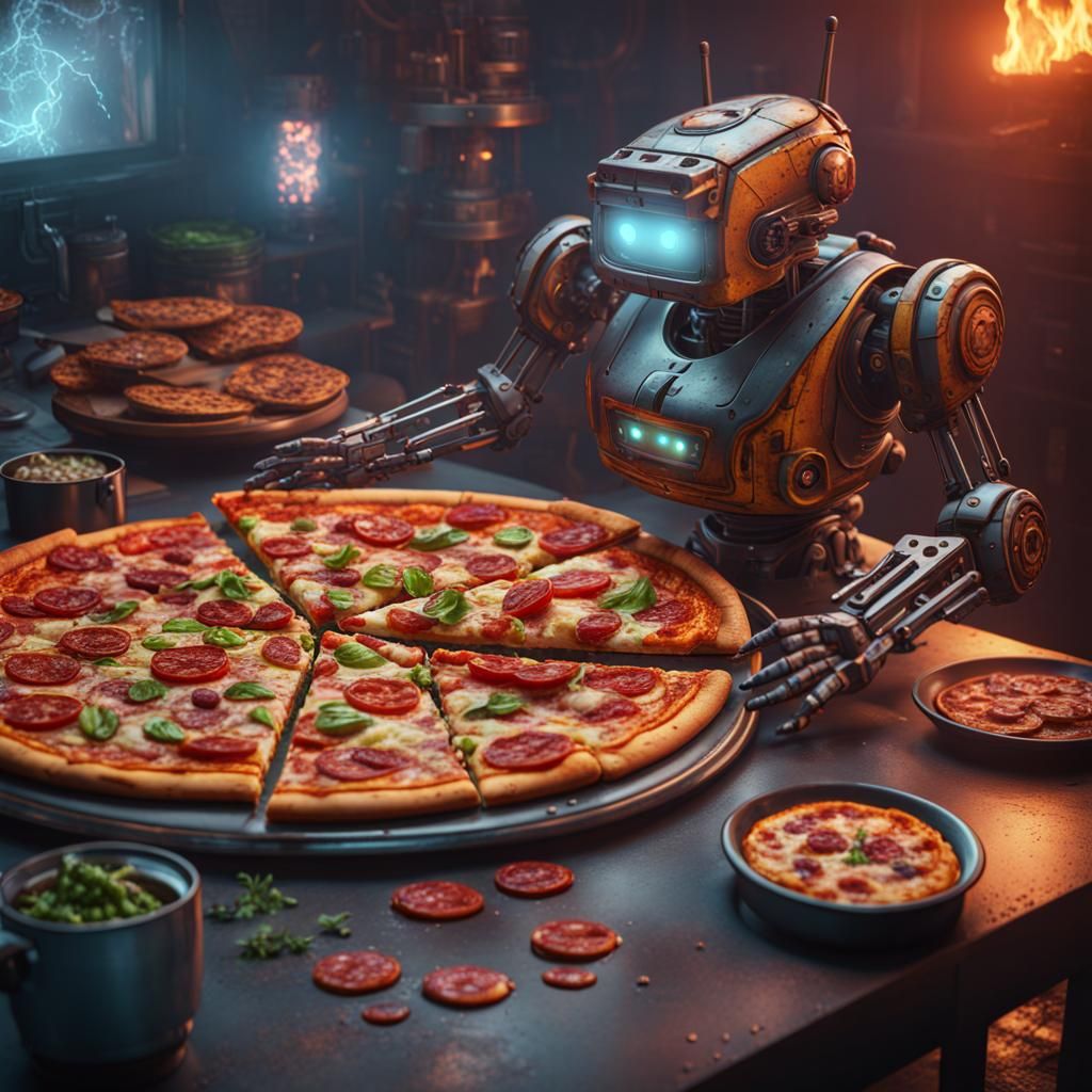 Cybernetic Robotic Pizza in Detailed Matte Painting
