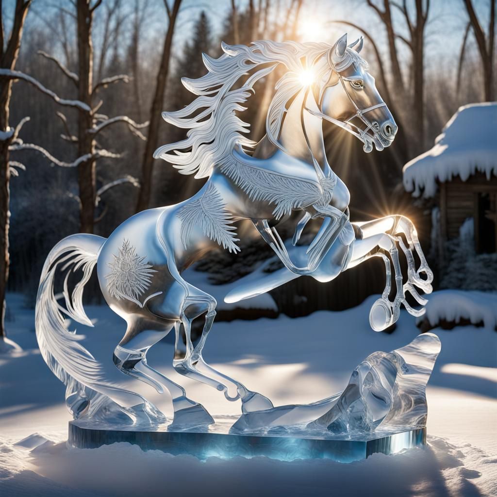 An artwork capturing the essence of sunlight crossing  an ice sculpture of a horse