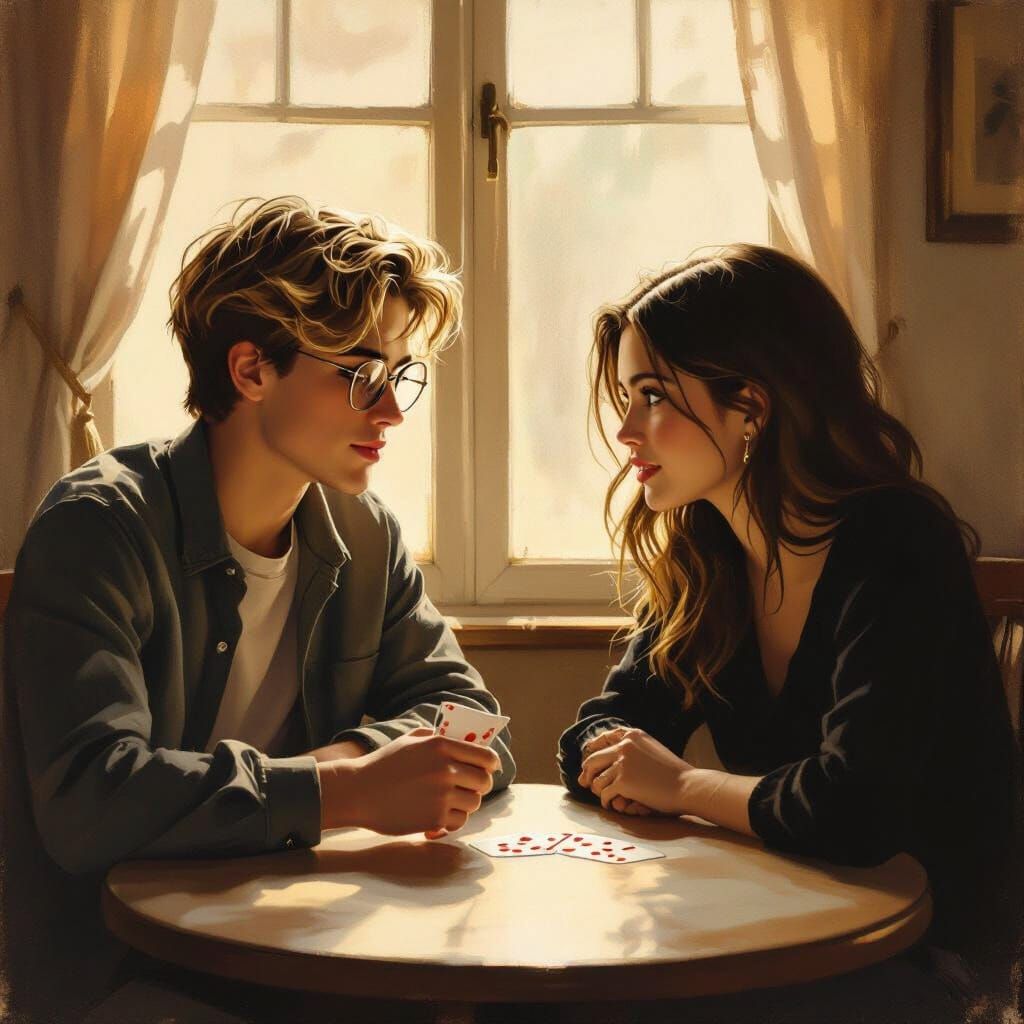 Romantic Oil Painting of Couple Playing Cards