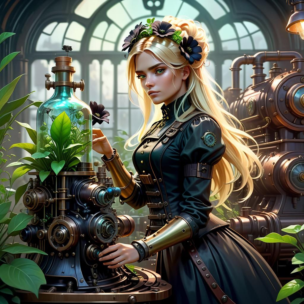 Steampunk Woman with Botanical Bottle, Detailed Portrait