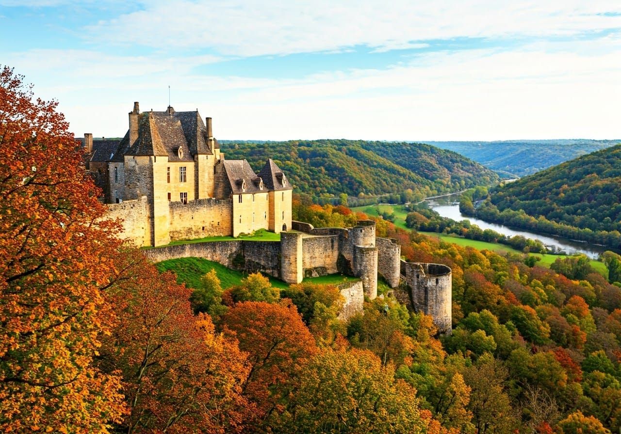 Medieval Castle in Autumnal Dordogne Landscape, Watercolor A...