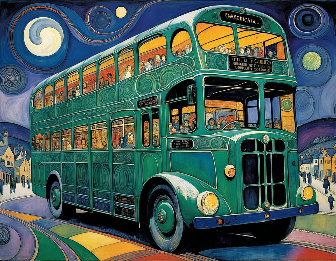 Vibrant Children's Bus Ride in Whimsical Street Scene