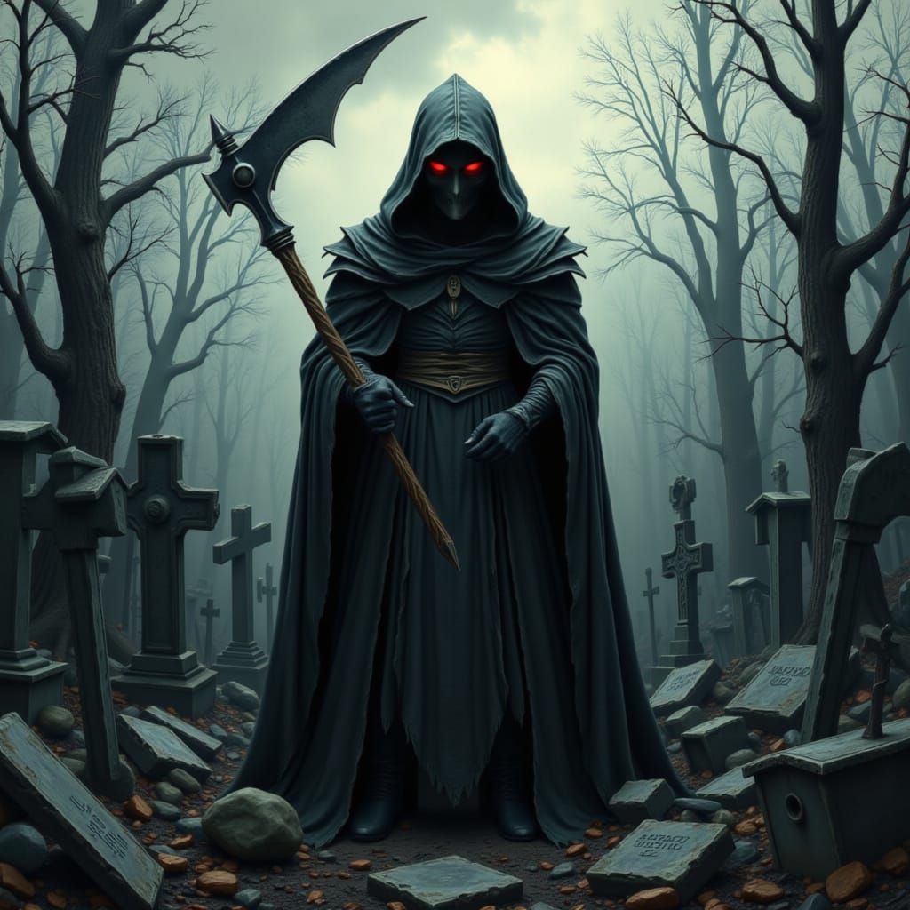 Shadow Warrior with Glowing Red Eyes in Cemetery