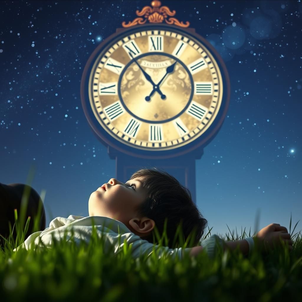 Boy Gazing at Clock Face in Dreamlike Night Sky