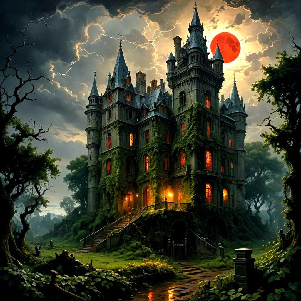Abandoned Manor in Thunderstorm, Horror Art
