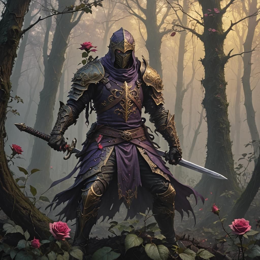Plant Swordsman in Eerie Forest, Dark Fantasy Art