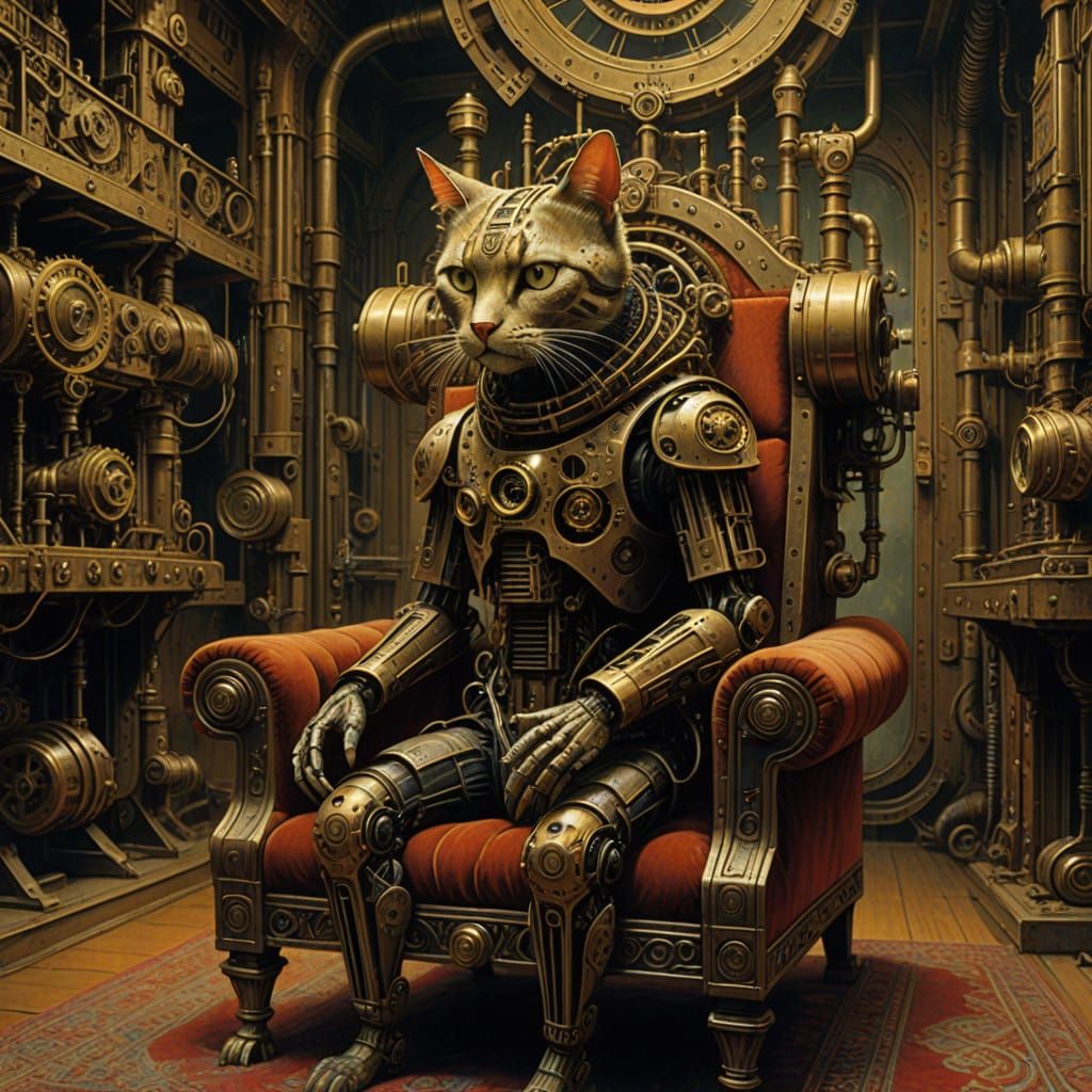 Steampunk Robot Cat in Victorian Study