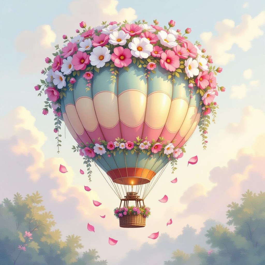Ethereal Hot Air Balloon with Flowers in Watercolour Style