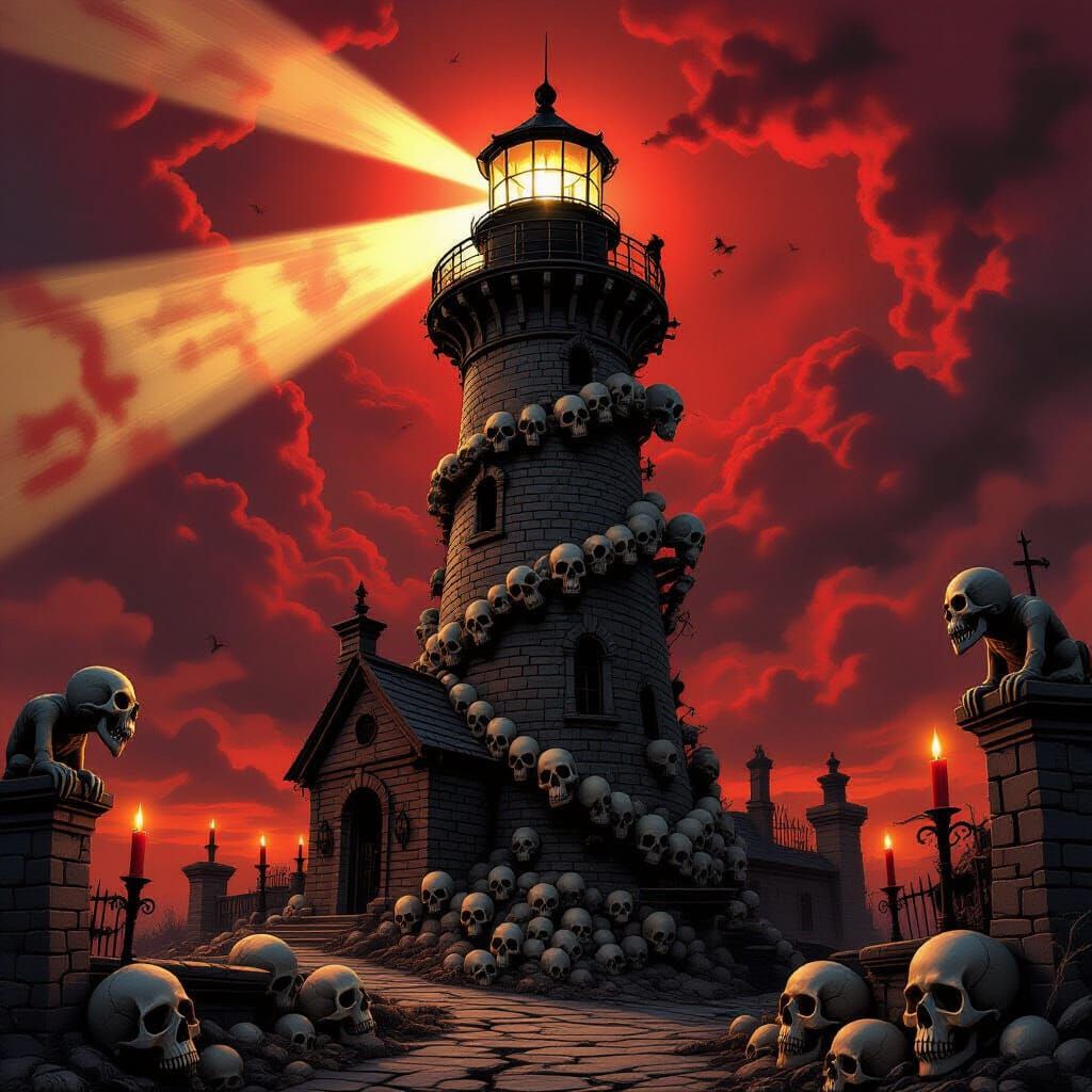 Macabre Lighthouse Under a Blood-Red Sky