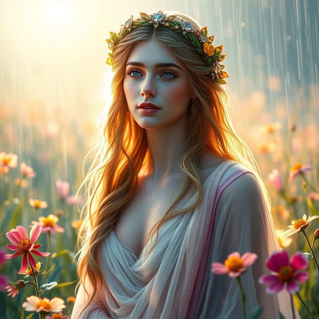 Ethereal Goddess of Greek Mythology in a Serene Rainy Meadow