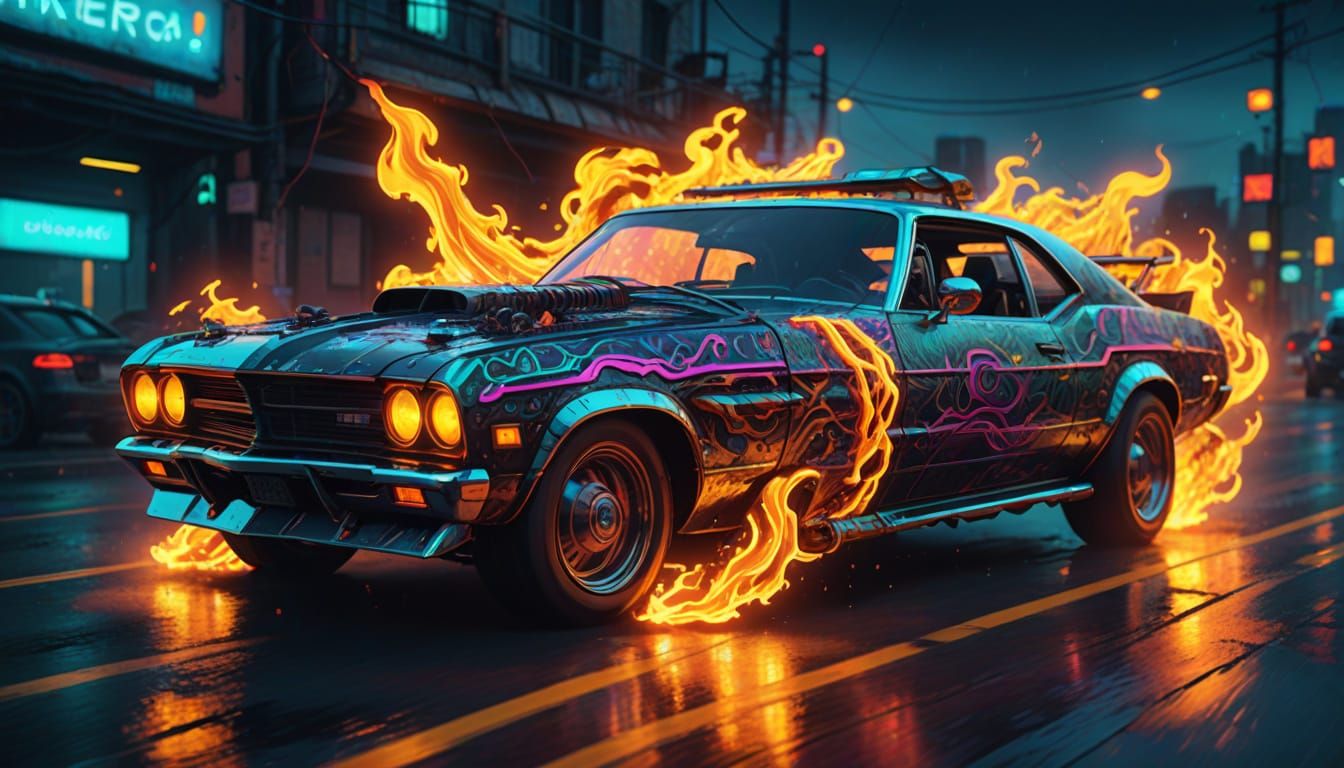 Psychedelic Biopunk Car on Country Road