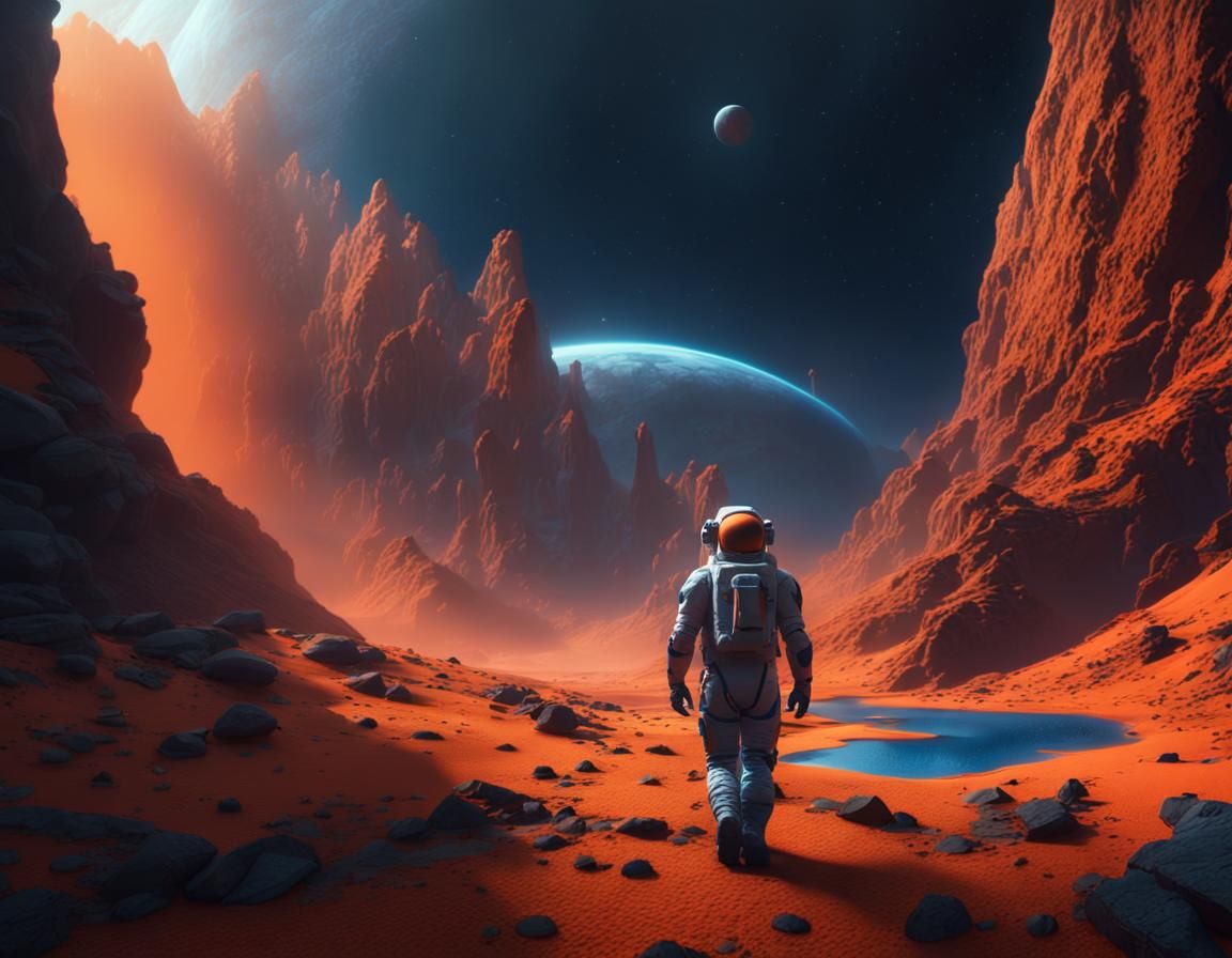 Astronaut Explores Exotic Planet Valley in Fantasy Art