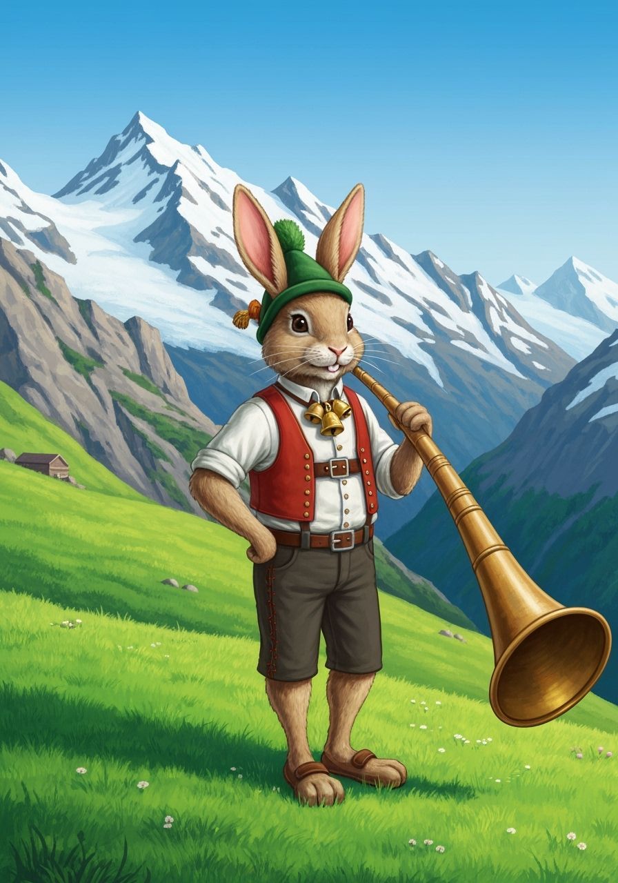 Anthropomorphic Rabbit in Swiss Alps Meadow