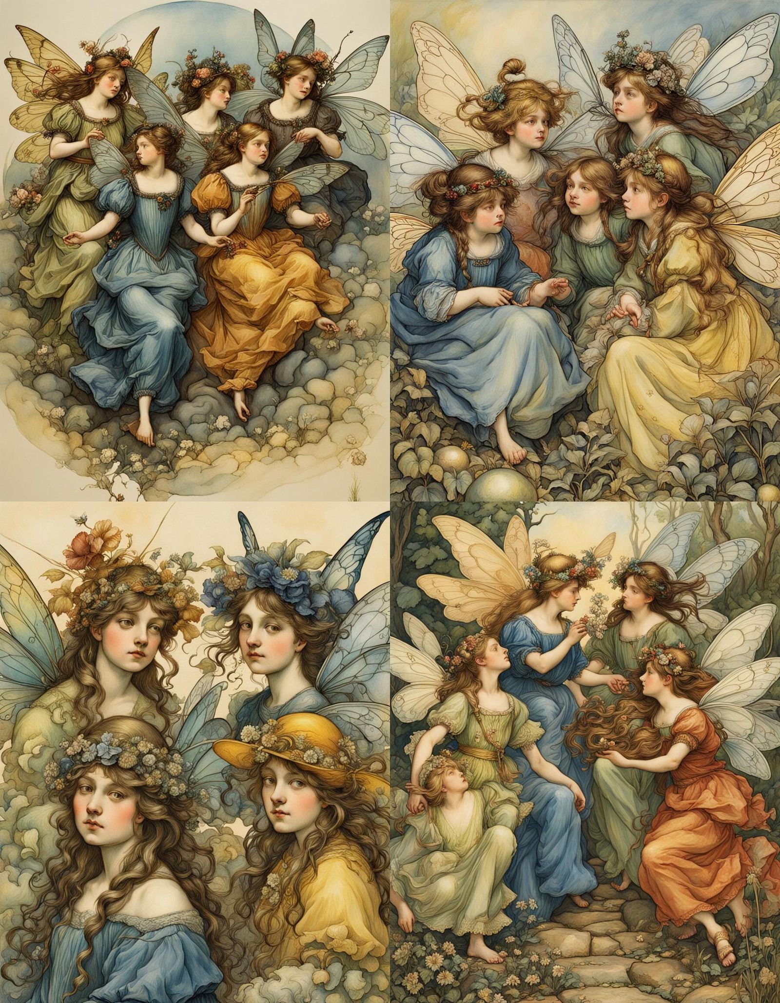 Five Hyperrealistic Fairies in Vibrant Splash Art Style