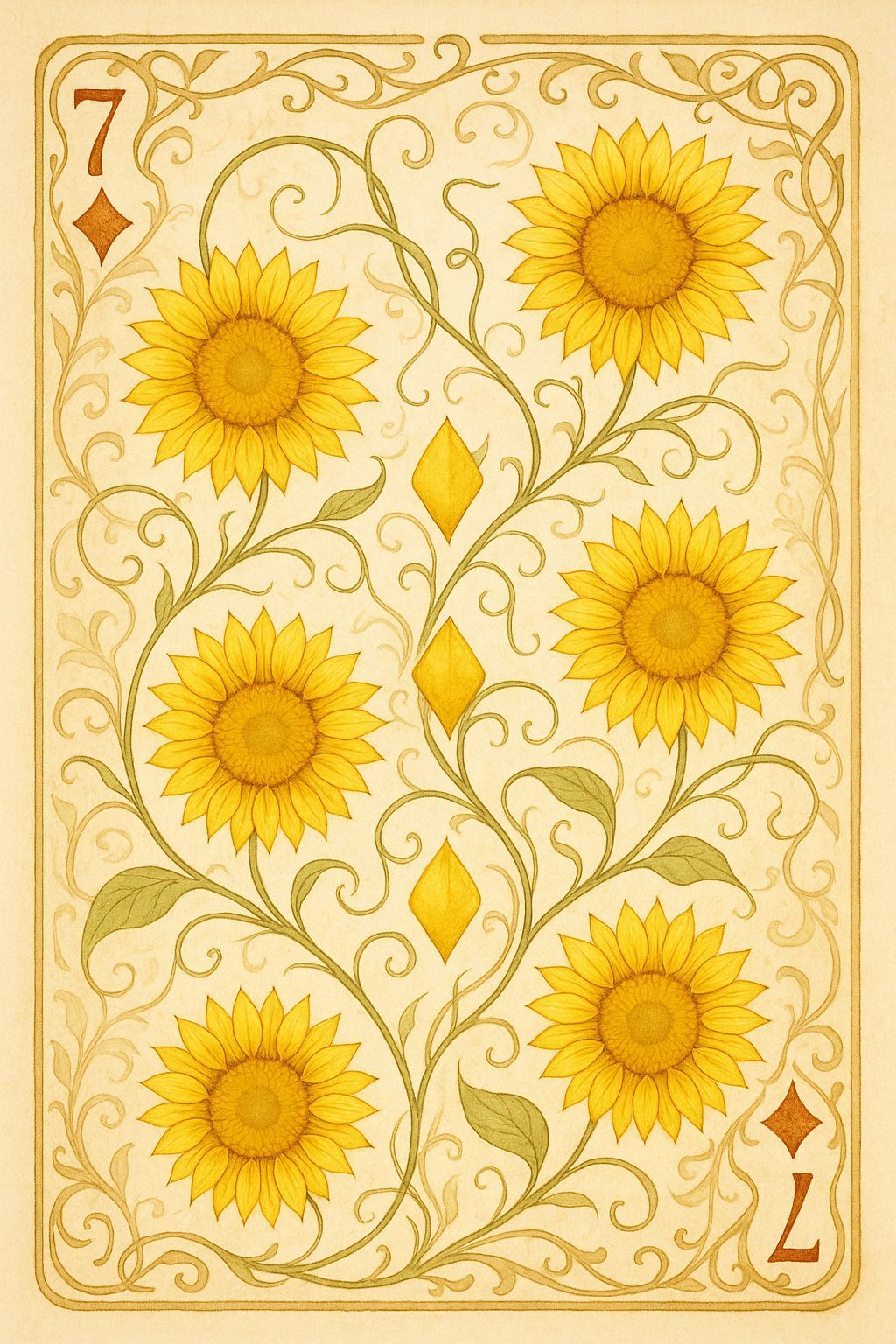 Art Nouveau Seven of Diamonds Playing Card with Sunflowers