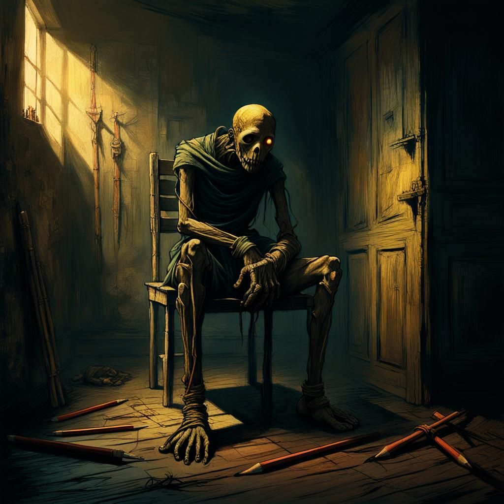 Bound Pencil Figure in Dark Fantasy Style