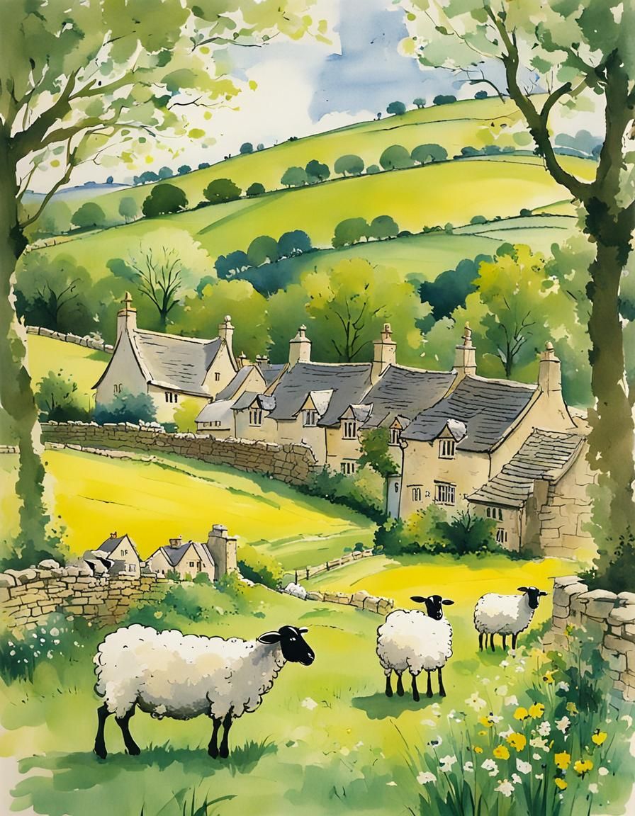 Cotswolds Springtime Scene in Whimsical Style