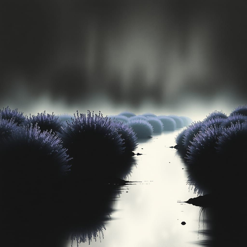 Minimalist Dark Landscape with Lavender River