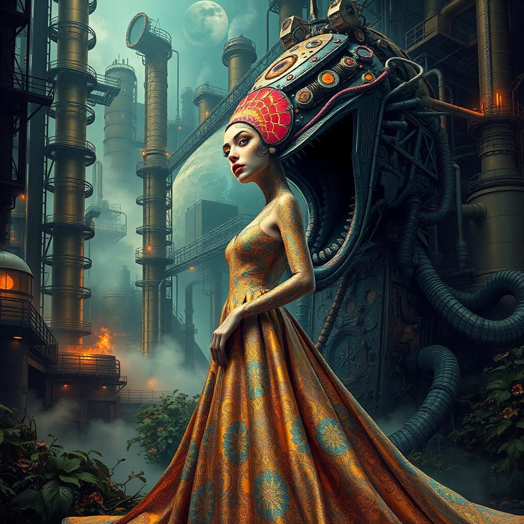 Dystopian Klimt Woman in Mechanized Jungle