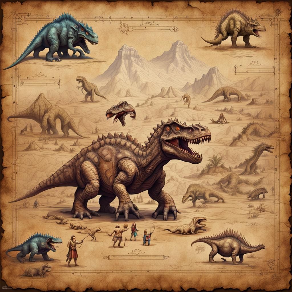 Detailed Schematics of Dinosaurs and Cavemen