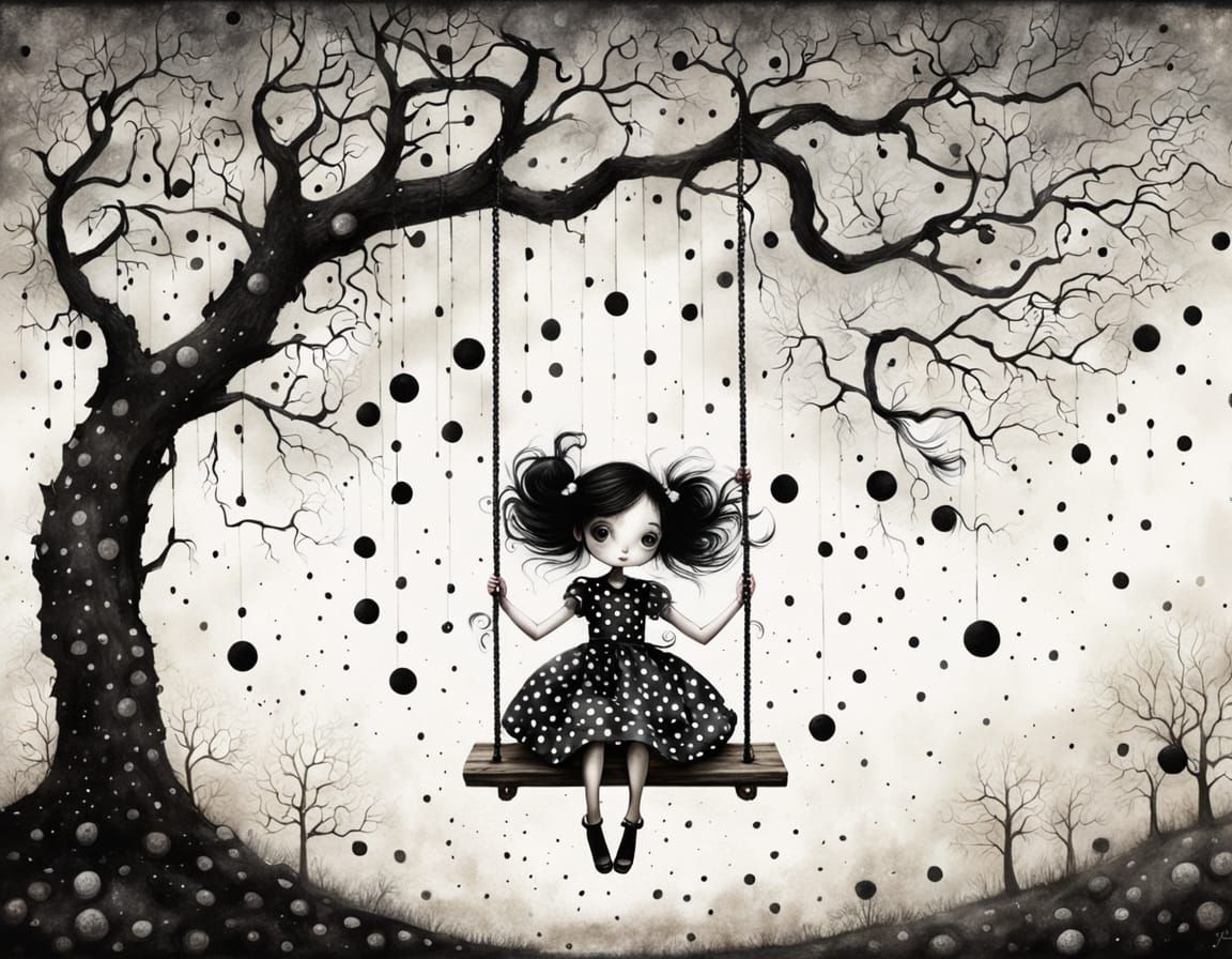 Sinister Polka Dot Girl on Swing, Surreal Art