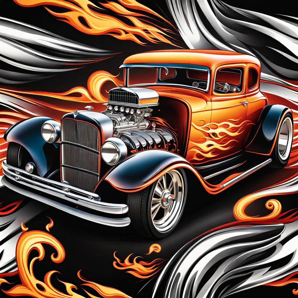 Hyperdetailed Hot Rod with Flames and Visible Engine