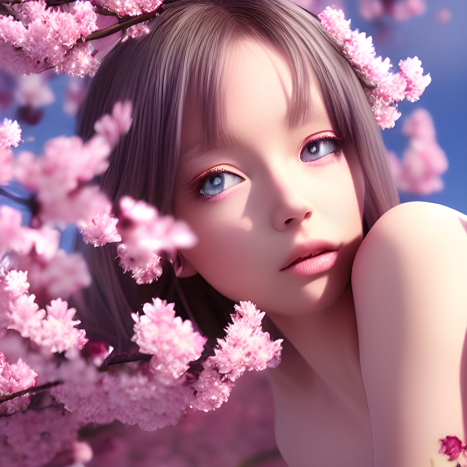 Anime Girl Portrait with Cherry Blossoms in Hyperrealism
