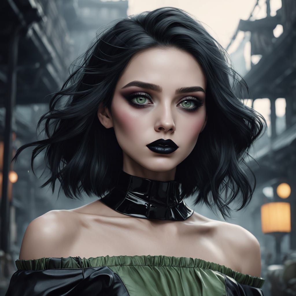 Elegant Teenage Girl with Green Eyes and Black Hair