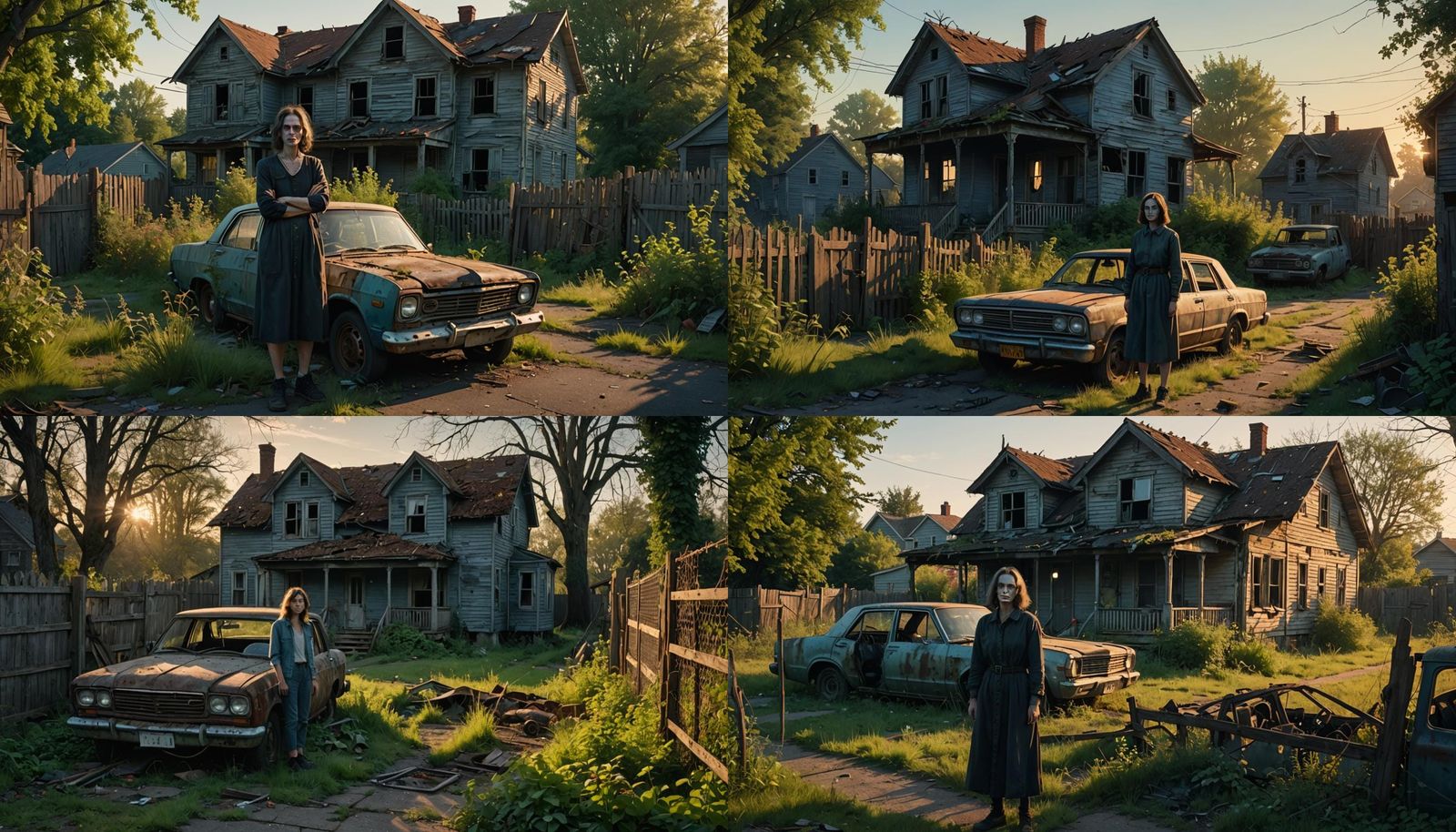 a creepy woman stands in front of a derelict house, sagging ...