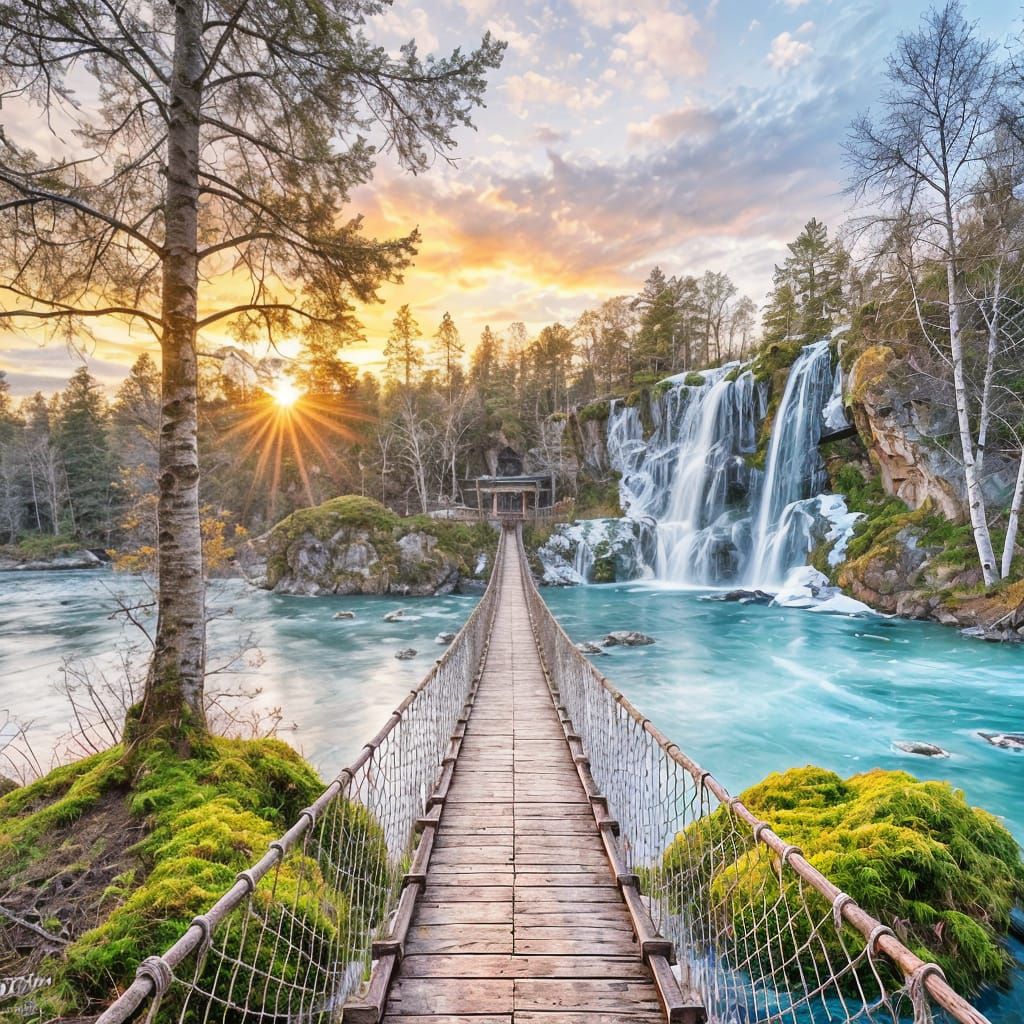 Winter Rope Bridge at Sunset in Realistic Landscape Photogra...