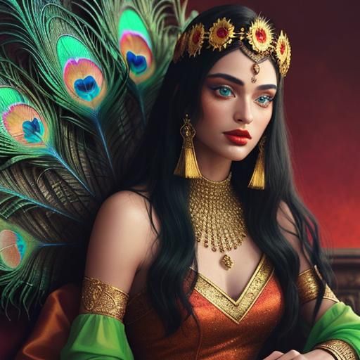 Golden Woman with Peacock Hair, Cinematic Film Still