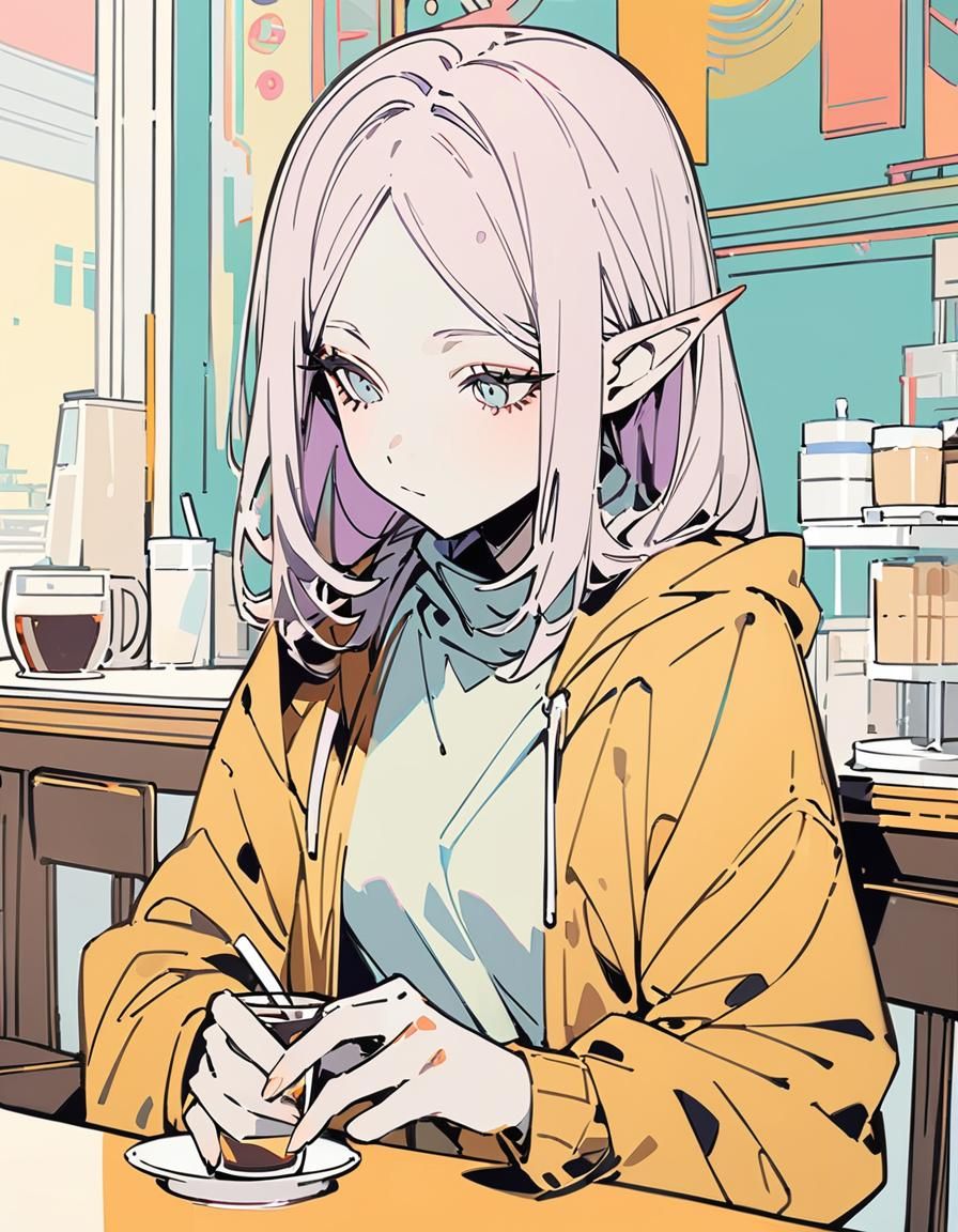 Cyberpunk Elf Mage Frieren Chilling in a Cafe