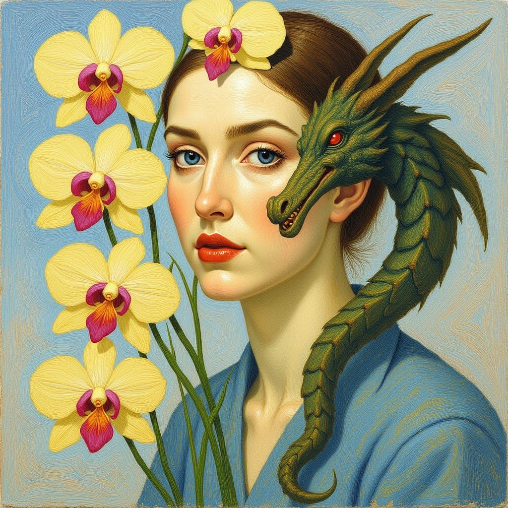 Woman with orchid and dragon