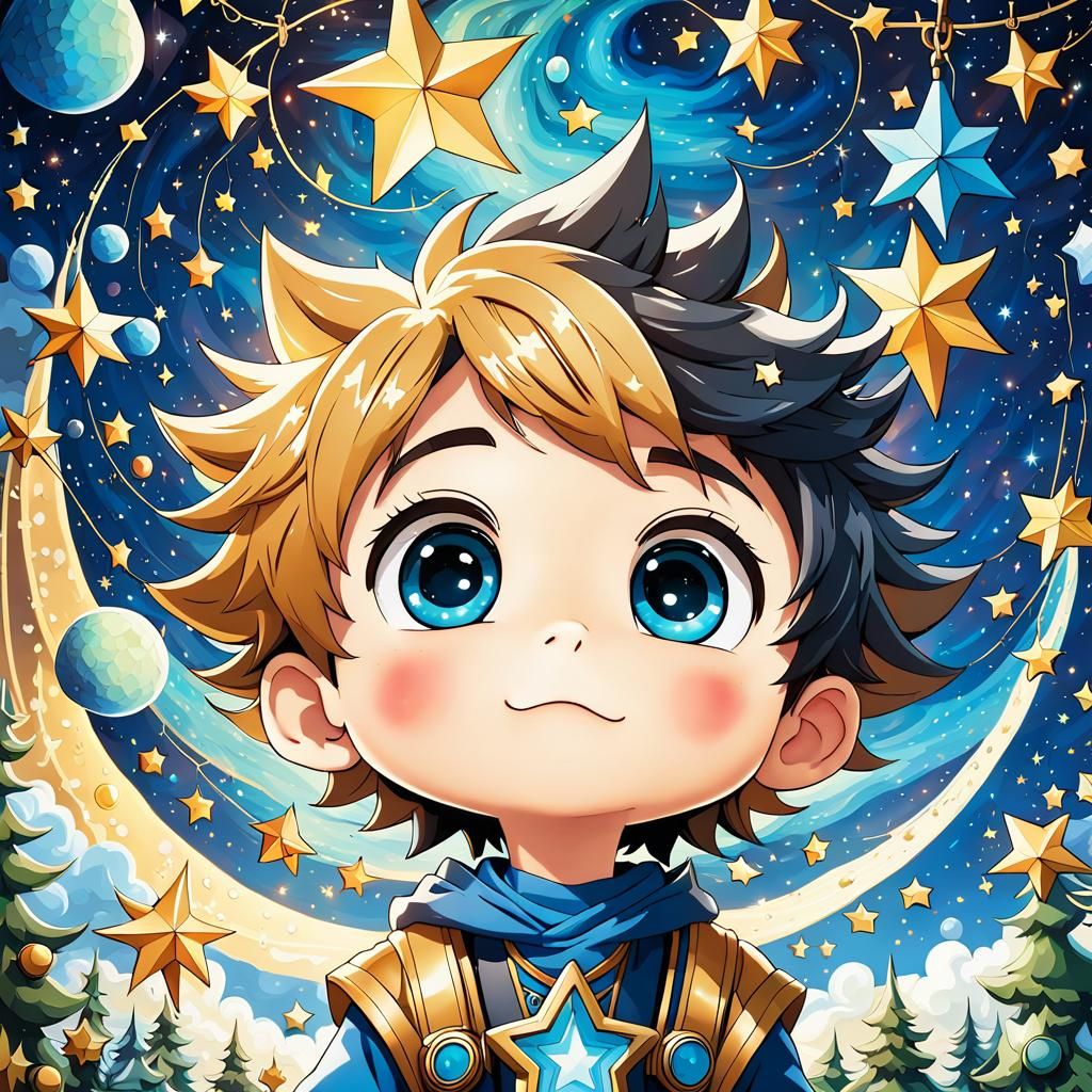 Cute Boy Gazing at Chibi Star: Nursery Rhyme Style
