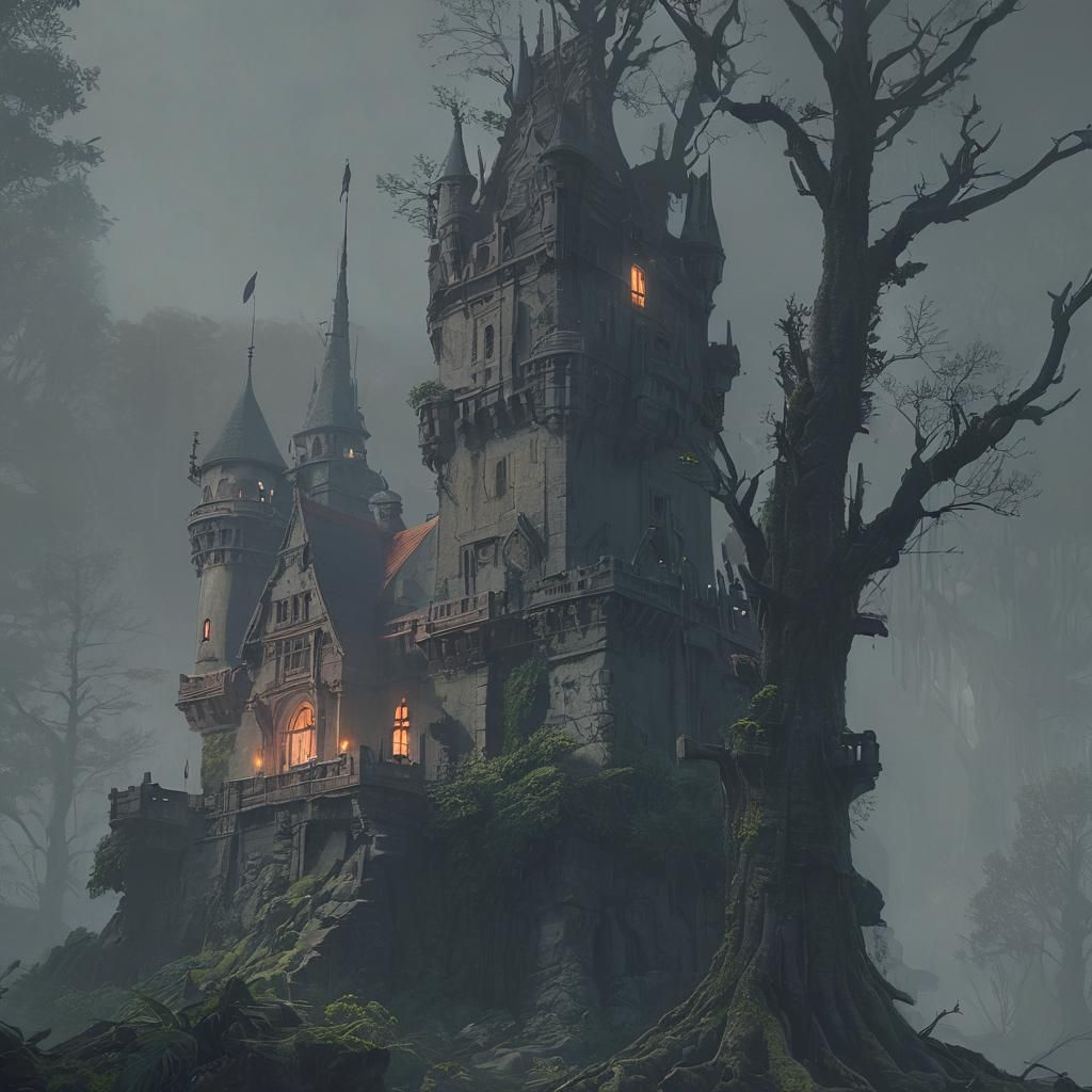 Majestic Castle in Mystical Forest Concept Art