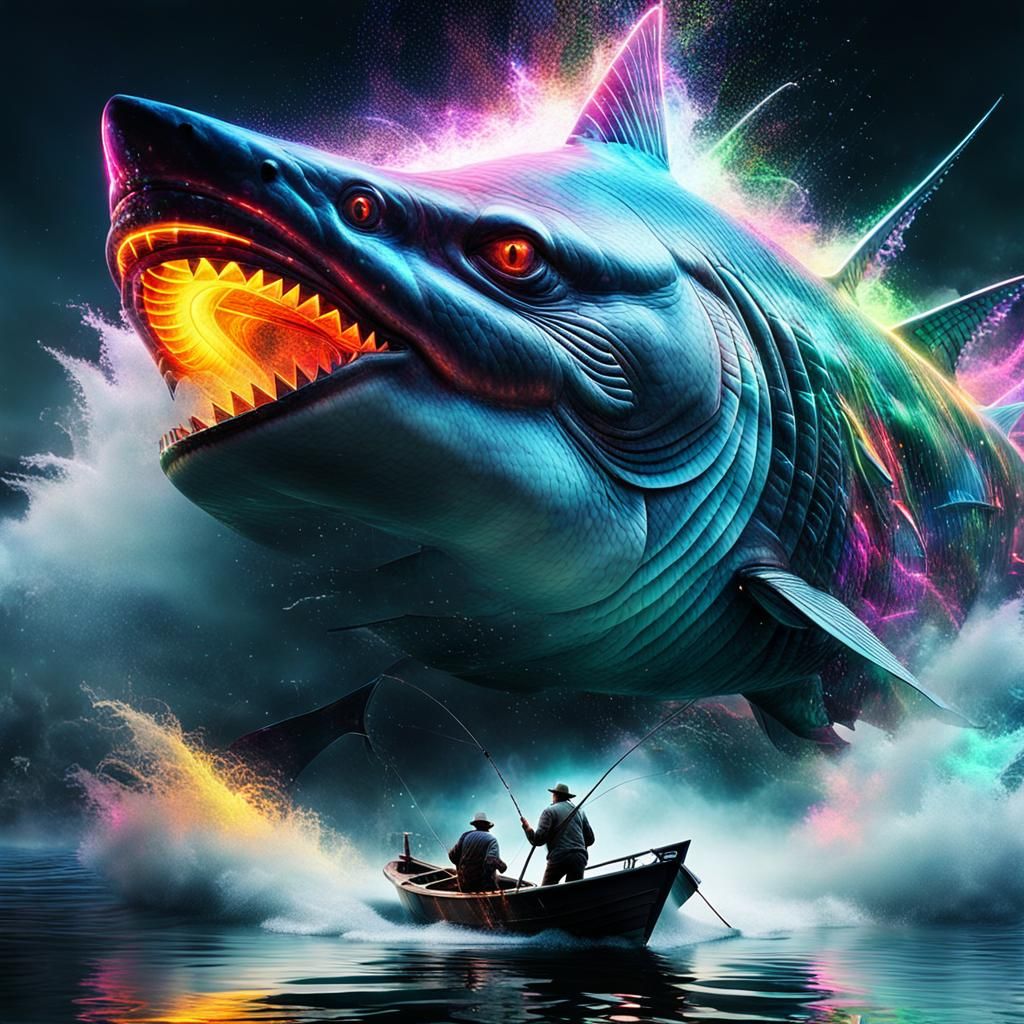 Fisherman's Peril: Shark Attack in Neon Fantasy